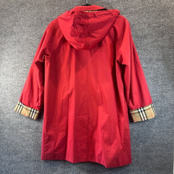 BURBERRY LONDON Trench Coat Red Nova Check Lining Sz 14 Removable Hood USA Made - Picture 4 of 16